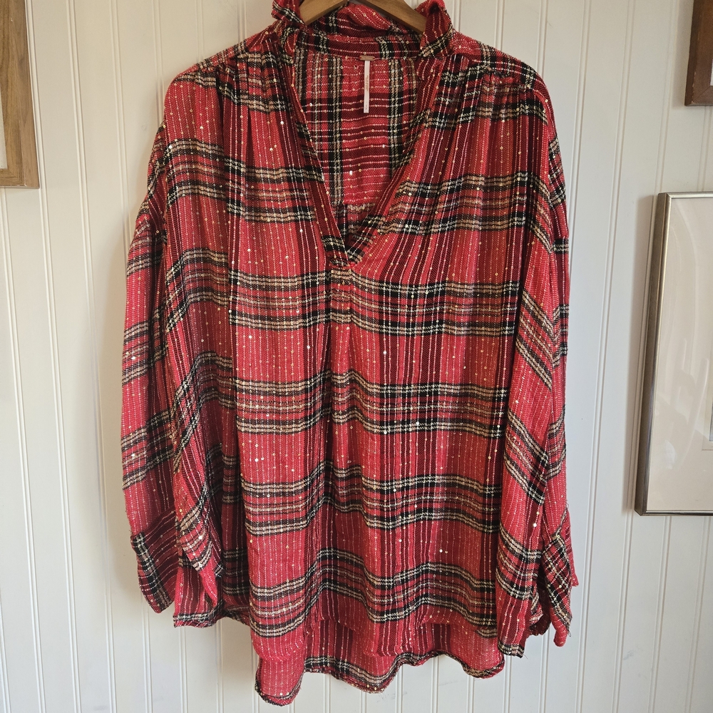 Free People Red Plaid Metallic V-Neck Tunic Top
